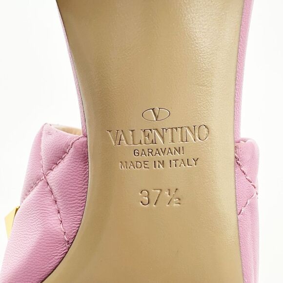 VALENTINO Roman Rockstud Pink Gold Heel Mule Size 37.5 Open Toe Quilted Leather - Picture 11 of 12